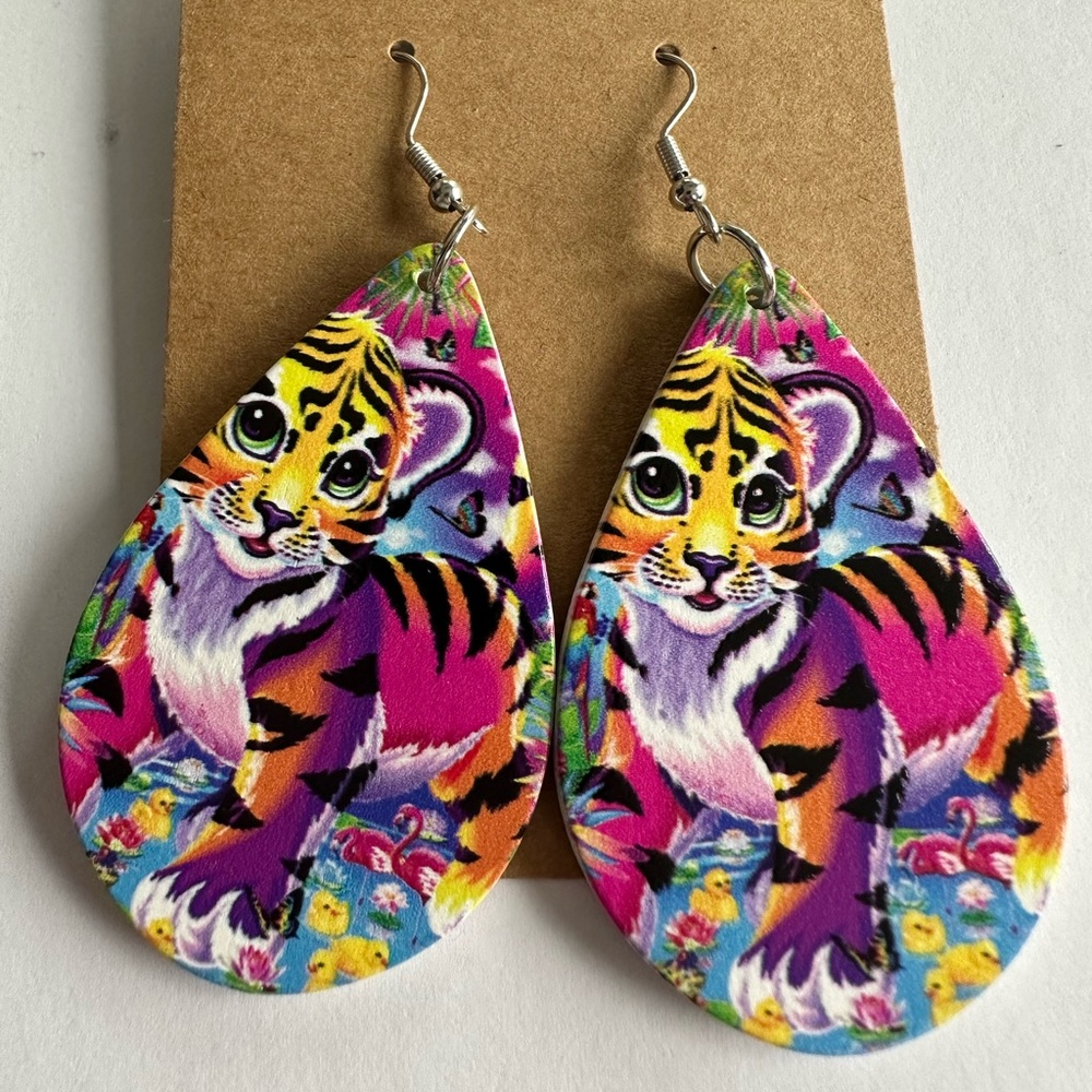 Brightly colored rainbow tiger dangling earrings - Picture 1 of 1